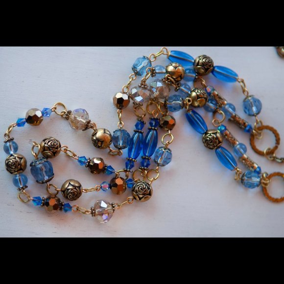 Hand Crafted Jewelry - Double Strand Necklace in Shades of Blue, Champagne and Gold